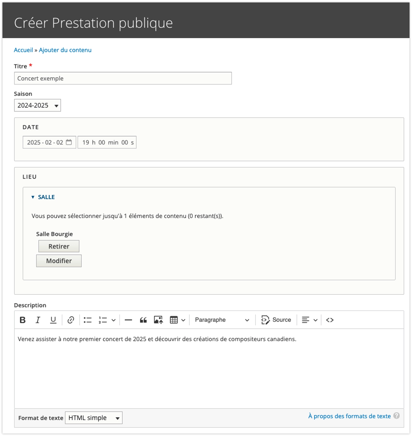 Capture d'écran montrant une entrée pour un concert dans l'interface éditeur d'un site où chaque information a son champ attitré