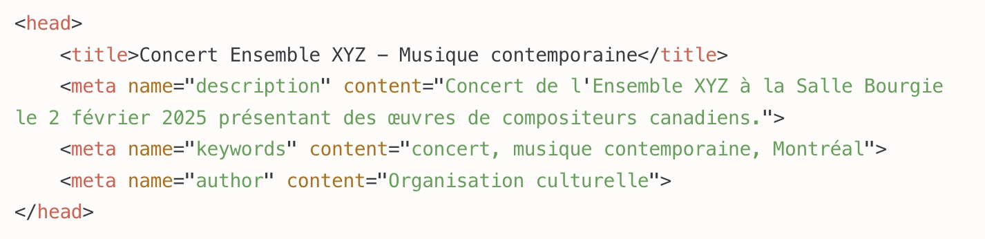 Exemple montrant à quoi ressemblent les métatags réguliers dans le code html d'une page