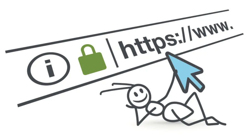 Browser address bar with a padlock and cartoon person.