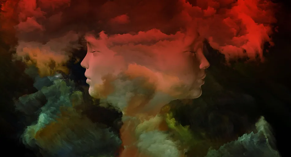 Abstract faces merged with swirling red and dark clouds.