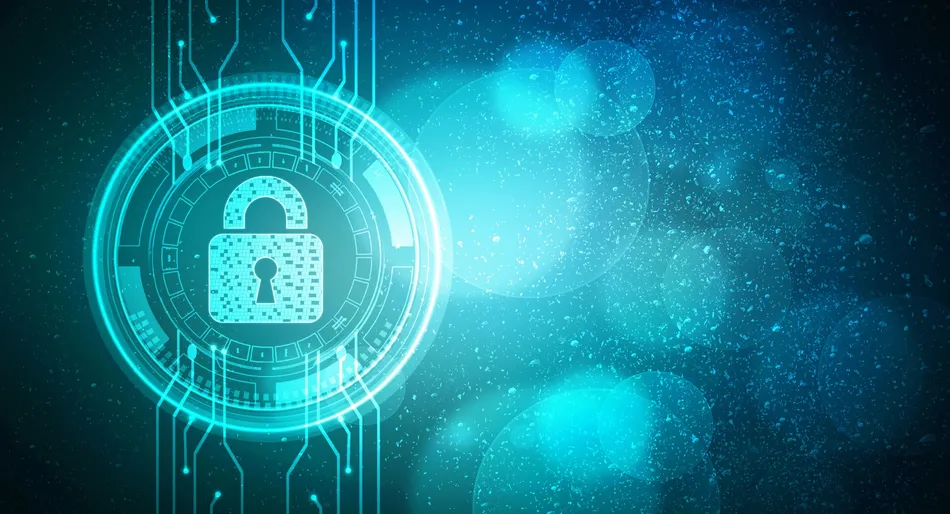 Futuristic digital padlock icon on a glowing blue background.