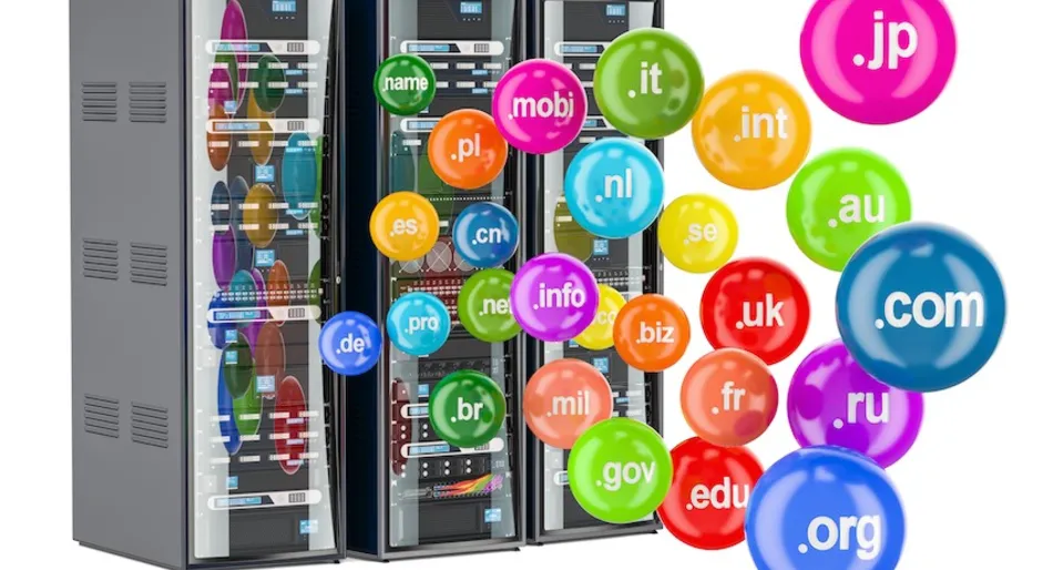 Server racks with colorful domain extension bubbles floating.