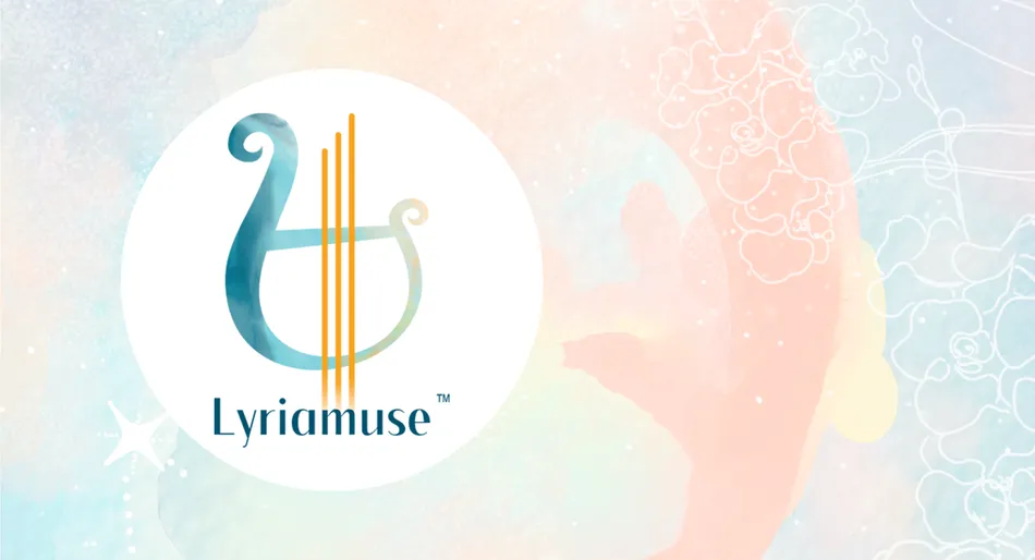 Stylized harp logo on colorful pastel background