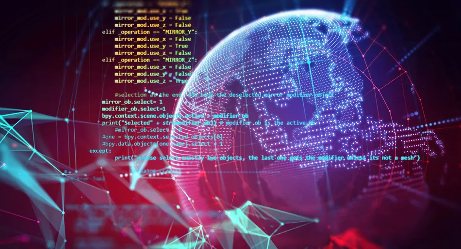 Computer code on a background of multicolored geometric shapes and a semi-transparent globe