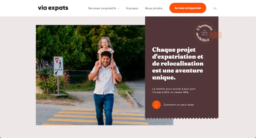 Page d'accueil di site web de Via Expats